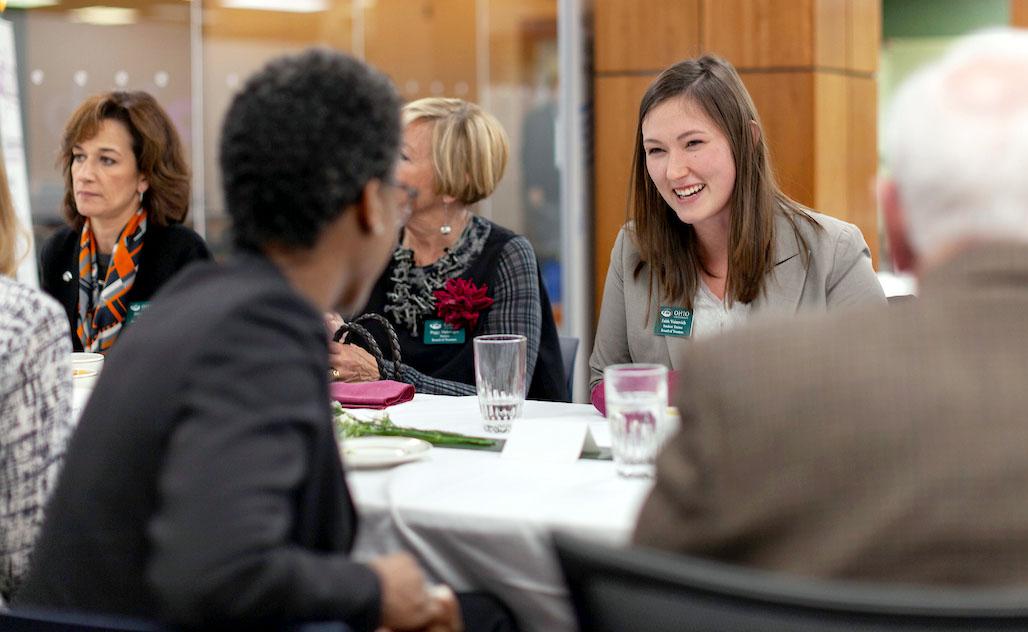 Faith Voinovich, center, attends the grand opening of Ohio University’s CoLab on Oct. 18, 2018. Photo: Stephen Zenner