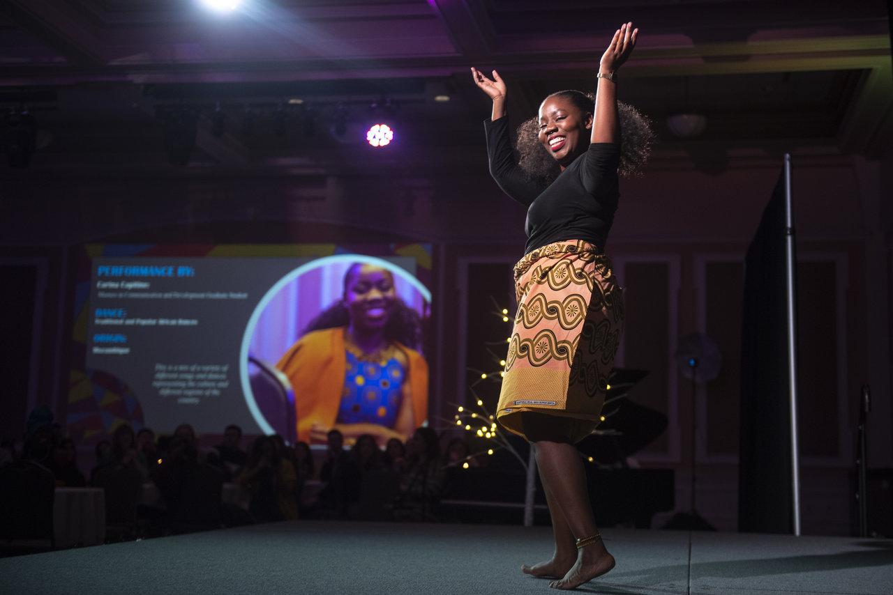 Carina Capitine performs a few dances from her home country of Mozambique at the International Dinner. Photo by Hannah Ruhoff