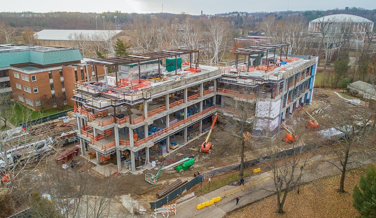 A drone shot of the progress of the new Chemistry Building taken in the winter of 2019. Photo: Ben Siegel