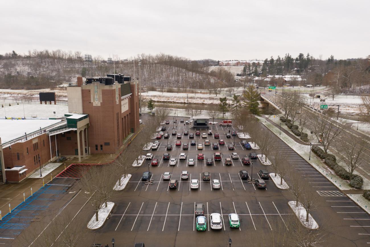 The 2021 MLK Jr. brunch program was live-streamed and viewable on a large screen in the Peden Stadium parking lot.