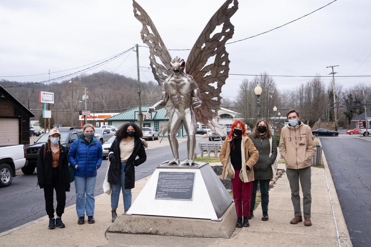 Students from the Journalism and Trauma class visit The Mothman Museum and Mothman statue in Point Pleasant, W.Va. 