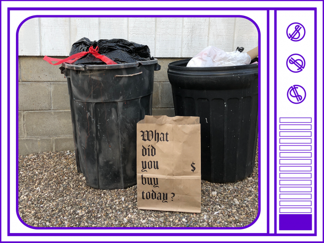 Trash cans with paper bag art within a border