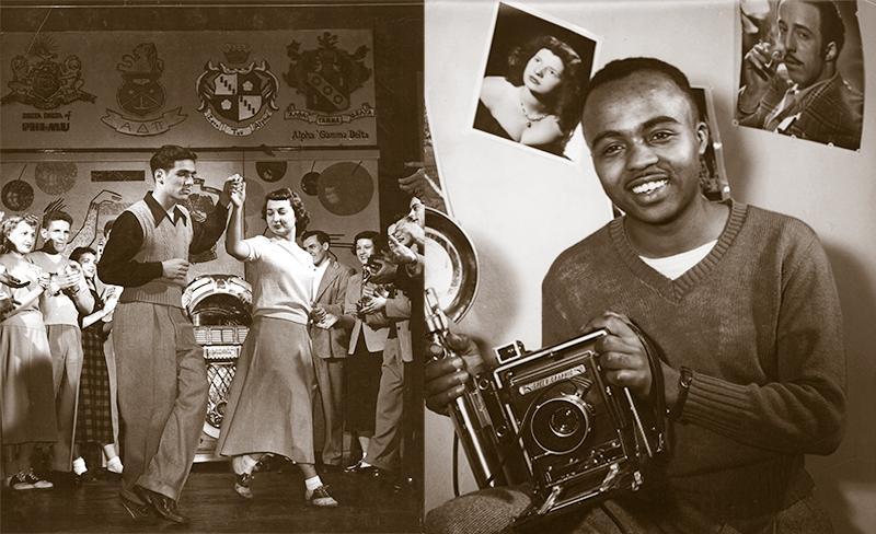 Photograph of a social outing on the left, and a candid photo of young Chuck Stewart on the right