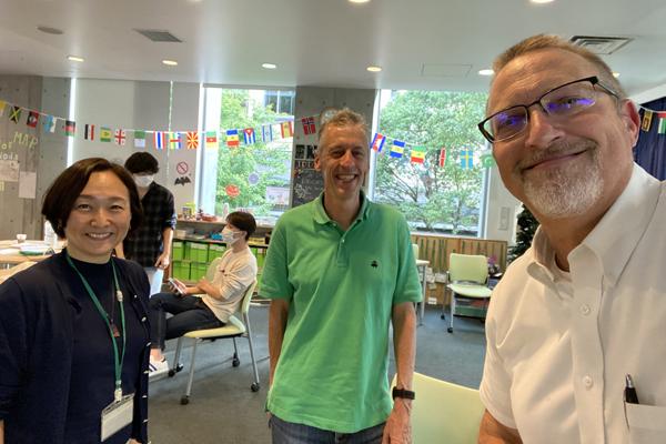 From left, Akemi Hiraide, from the Musashi University International Programs Office, and professors Brian Masshardt of Musashi University and Chris Thompson of Ohio University.