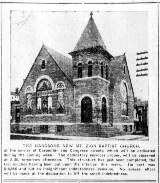 A newspaper clipping of Mount Zion Baptist Church prior to the dedication ceremony.