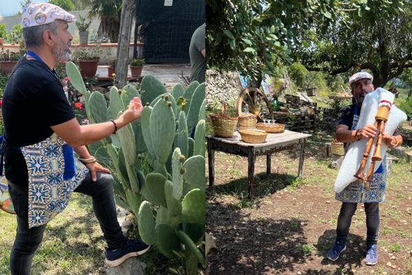 On left, Romano explains the culinary and medicinal properties of his plants and on right plays the ciaramèddha with his baskets in the background.