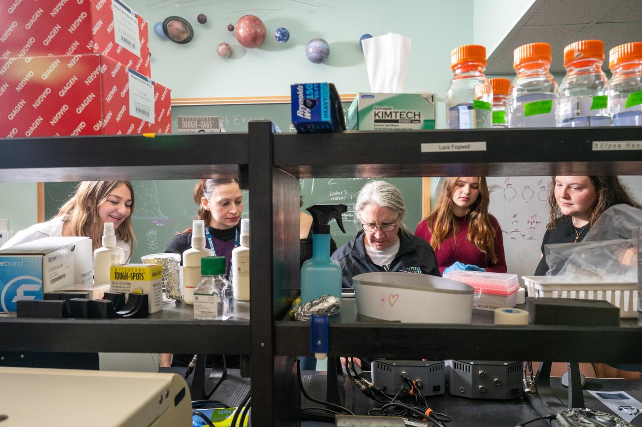 OHIO students are shown with Dr. Sarah Wyatt in a research lab