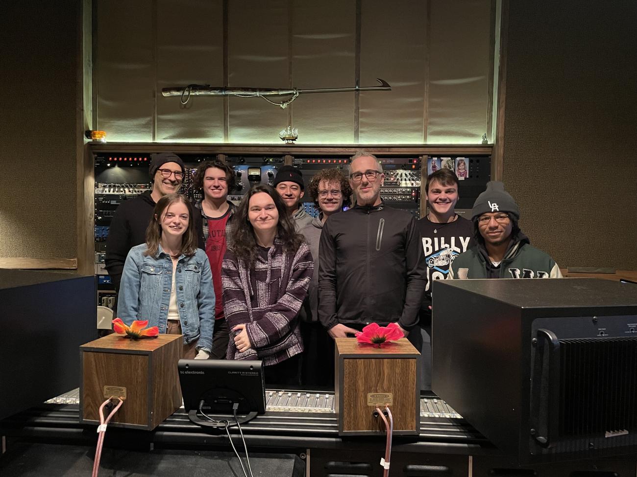 Music Production Masterclass students pose with producer Joel Hamilton and trip organizer Josh Antonuccio.