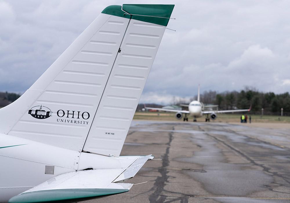 A plane sits on the tarmac at Ohio University Gordon K. Bush airport