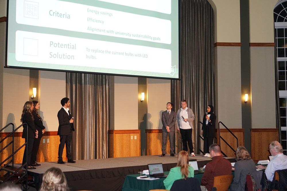 OHIO students give a presentation during the Eco Challenge in the Walter Hall Rotunda