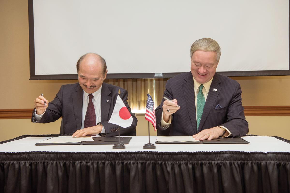 Chubu University President Osamu Ishihara attends the investiture of Ohio University President M. Duane Nellis.