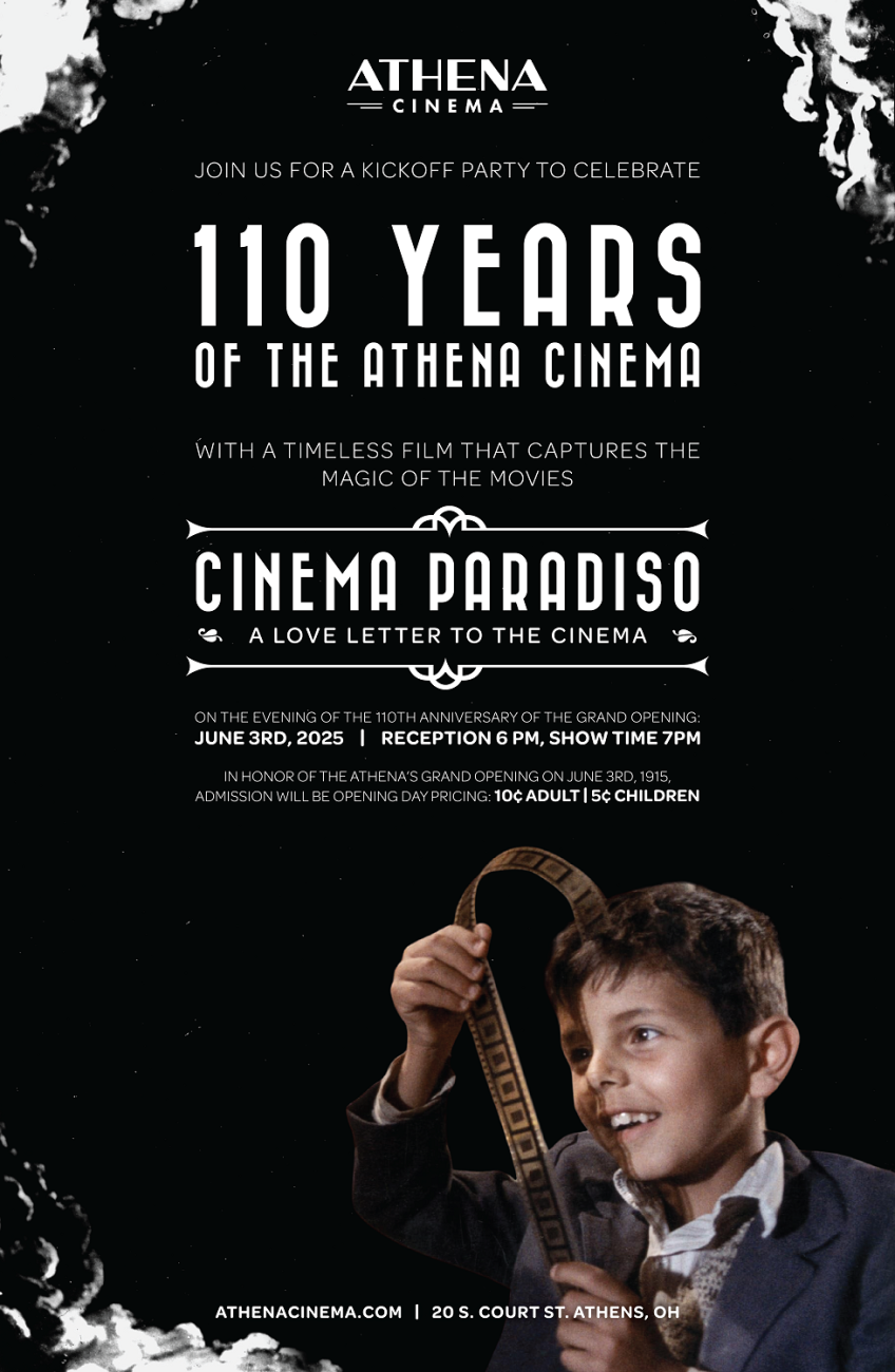 Join us for a kickoff party to celebrate 100 years of the Athena Cinema with a timeless film that captures the magic of the movies - Cinema Paradiso - June 3, 2025 - Reception 6 p.m., show time 7 p.m. 