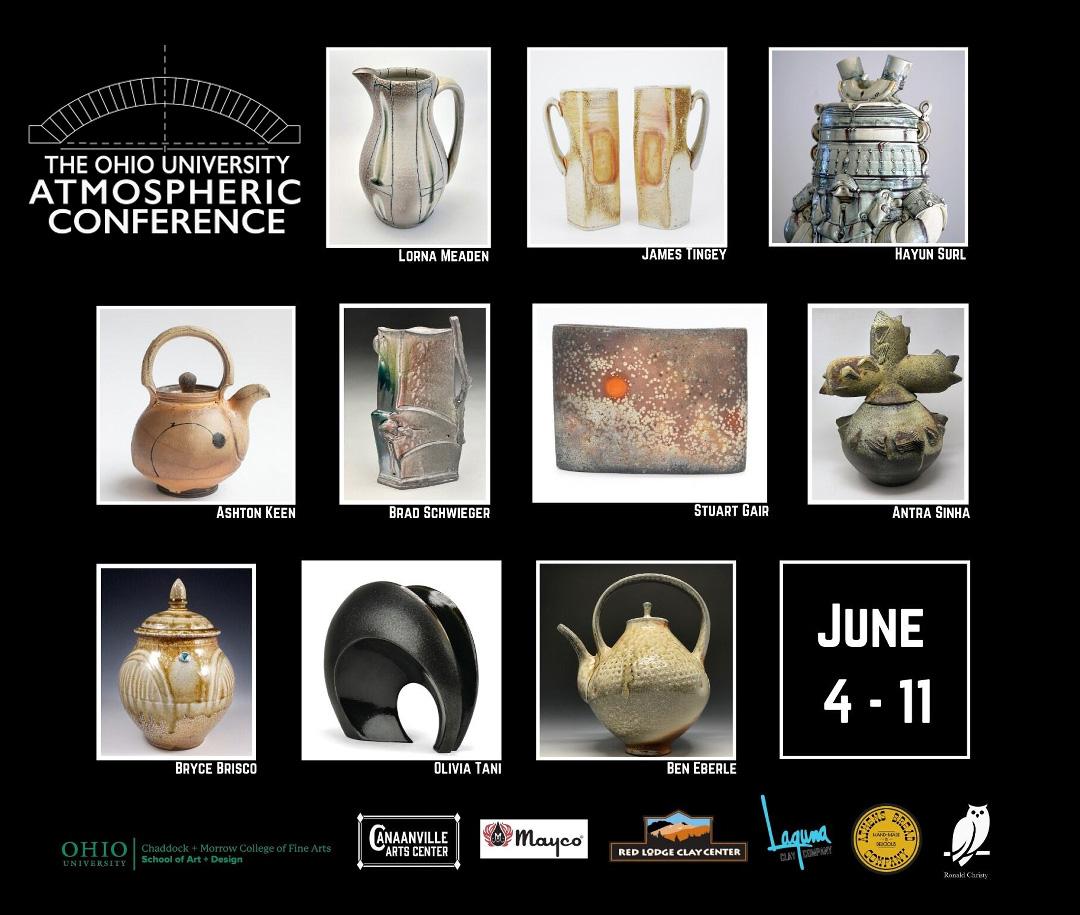 graphic for the Ohio University Atmospheric Conference with images of 11 ceramic pieces on a black background and logos of sponsors: Canaanville Arts Center, Mayco, Red Lodge Clay Center, Laguna Clay Co., Athens Bread Co., and Ronald Christy
