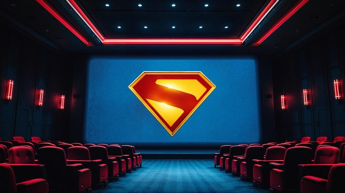 An image of a dark movie theater with the  Superman logo on the movie screen