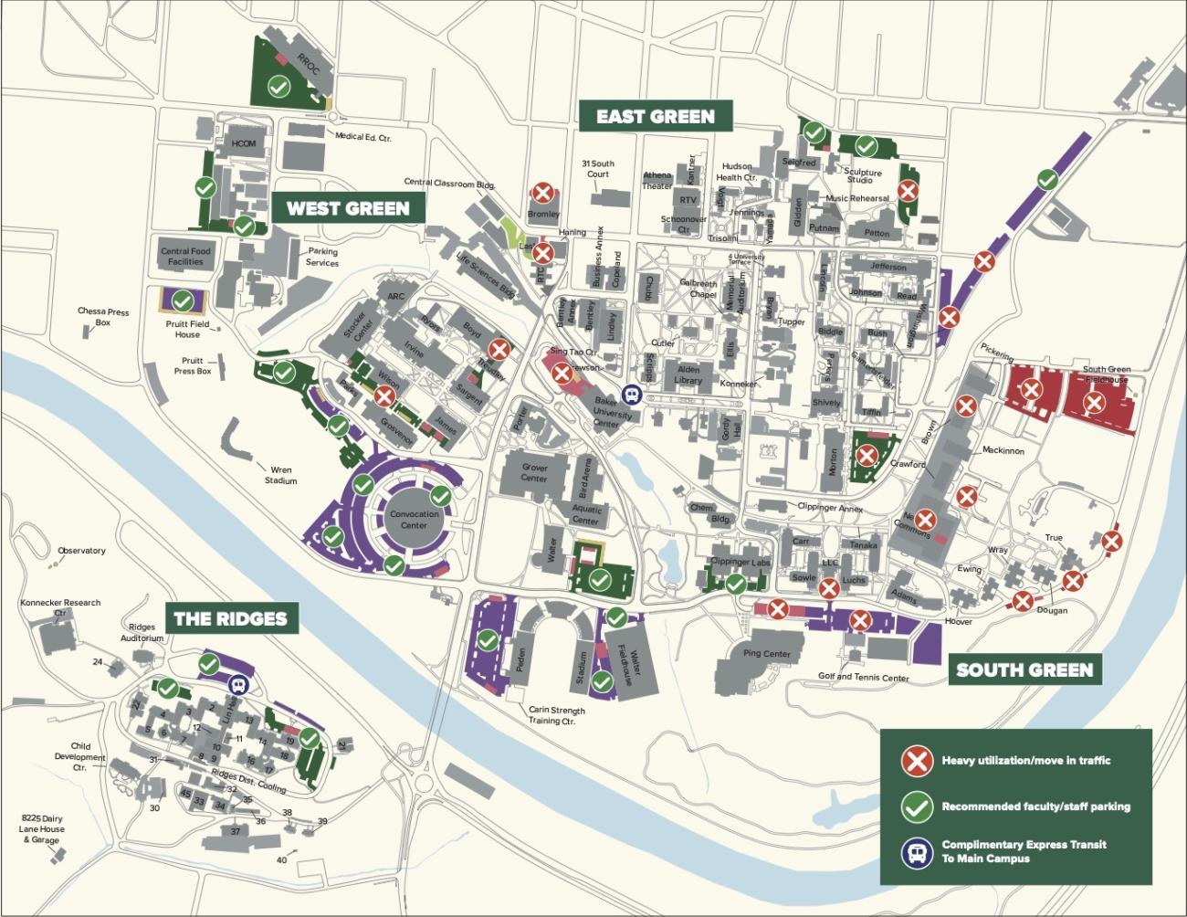 A map of parking areas on OHIO's Athens campus during August 2025
