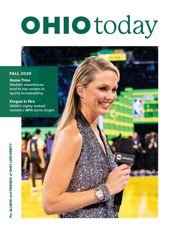 cover page of Ohio Today Magazine fall 2025 edition featuring a blonde woman in a sparkly dress holding a microphone on a basketball court