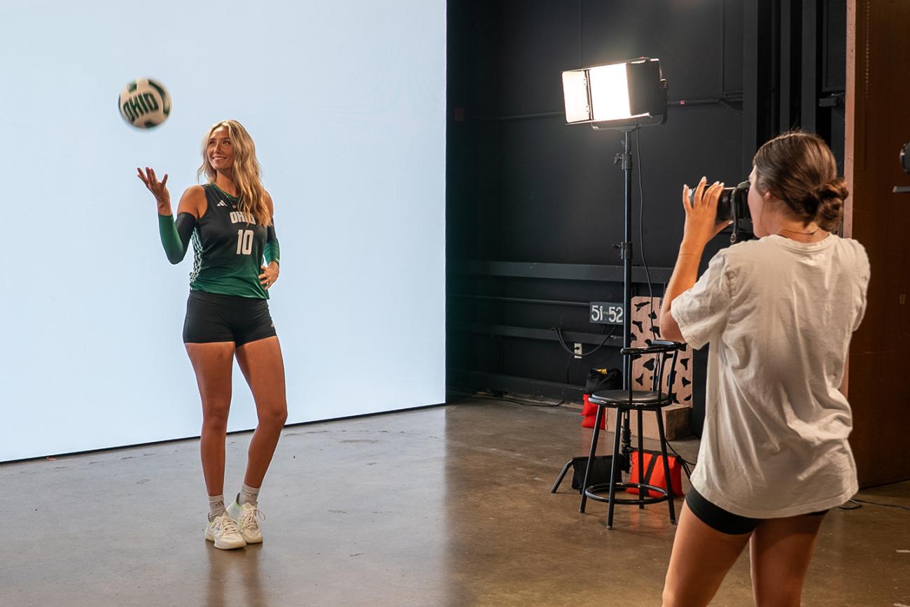 Ohio University Athletics photographs the volleyball team in front of the LED Wall.