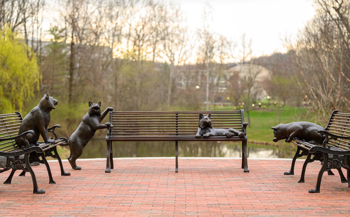 The Bobcat Benches near Baker University Center, with Emerit Park shown in the background