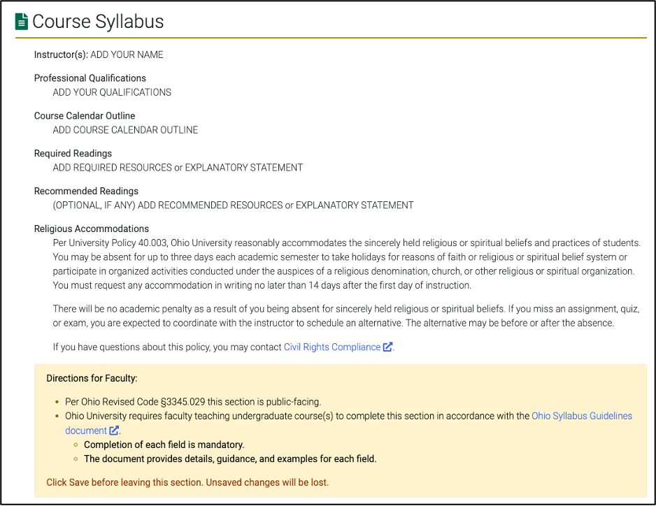 A screenshot image of a Course Syllabus webpage for Faculty to fill out
