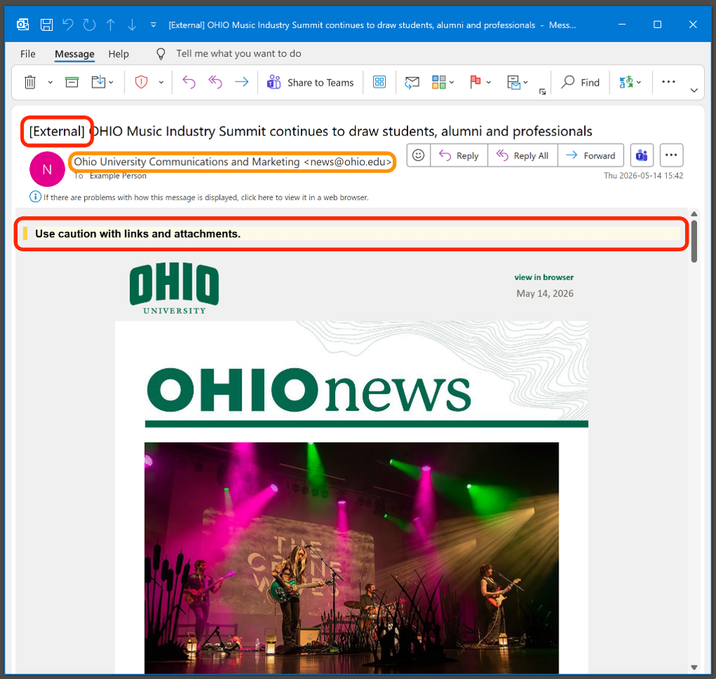 A screenshot of an Ohio University email that was flagged as an extrernal message