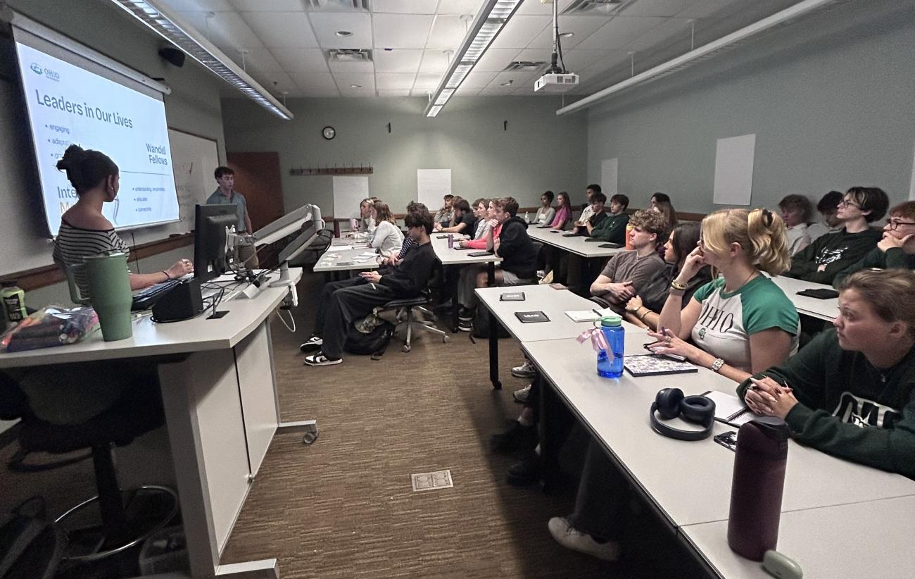 OHIO students in the Walter Center listen to a presentation about "Leaders in Our Lives"