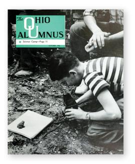 historical cover of the OHIO alumnus magazine from the 1950s of child doing chemistry 