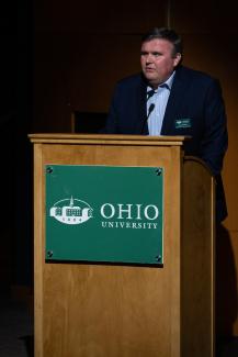 Larry Hayman speaks during an event on the Athens Campus. 