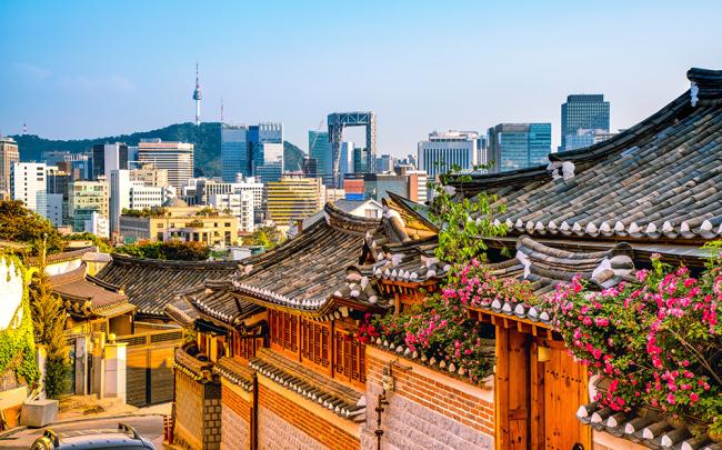 Traditional Korean style architecture at Bukchon Hanok Village in Seoul, South Korea