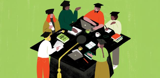  illustration of multicultural young adults wearing graduation caps gathered around a table with notebooks, laptops and cups of coffee