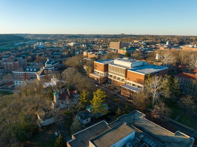 An exterior drone shot of Alden Library.