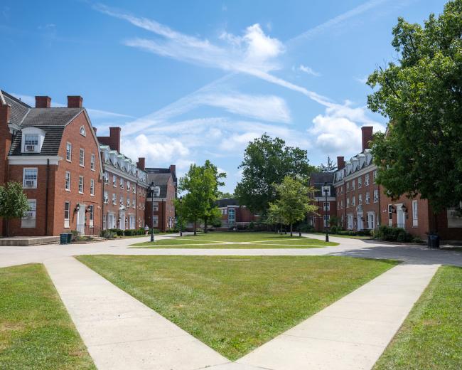 A look down the sidewalks of OHIO's West Green. 