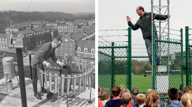 Left: a man with glasses and business professional attire inspects scientific equipment on a rooftop overlooking Ohio University’s West Green. Right:  a man in casual attire stands partway up a weather tower, addressing a group of elementary school students