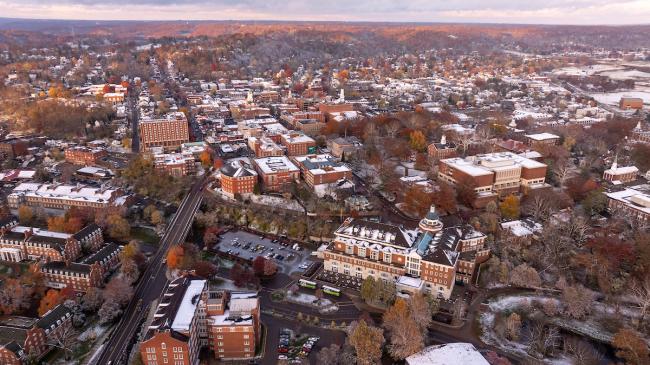 Ohio University's Athens Campus is covered with light snow in this aerial image