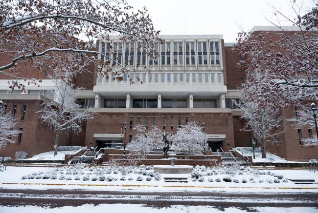 Alden Library and the trees and sidewalks are covered in snow