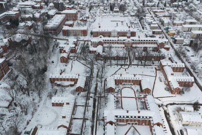 The OHIO Campus is shown covered in snow in this image from above