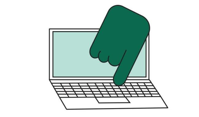 A finger is shown pointing at the keyboard on a computer in this graphic design