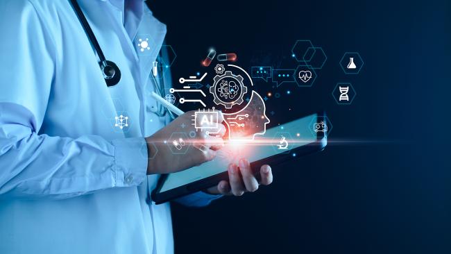 A doctor holds a tablet using artificial intelligence.
