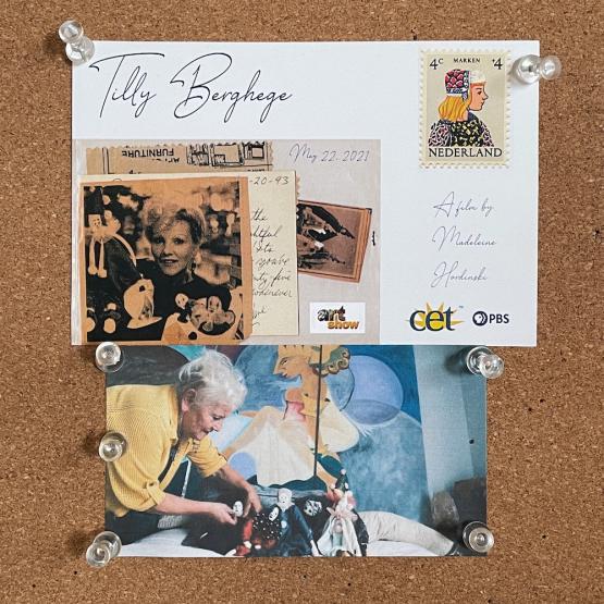 A postcard is pinned onto a cork board, along with pictures of Tilly Berghege