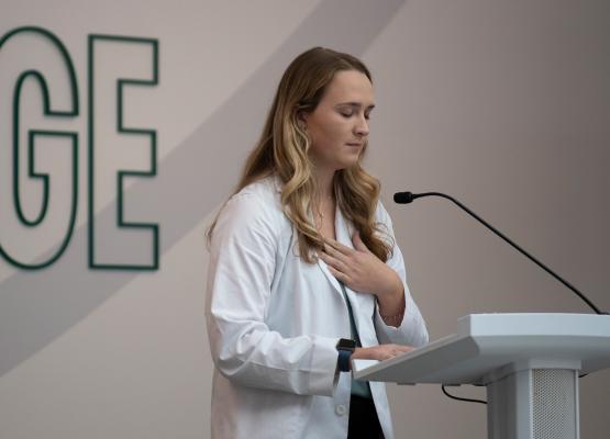 An HCOM student speaks at the body donor memorial program