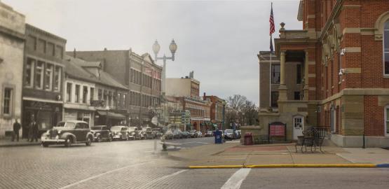  An image from the W.E. Peters collection exhibit of a Court Street and Washington Street in Athens, Ohio&quot; loading=&quot;lazy 