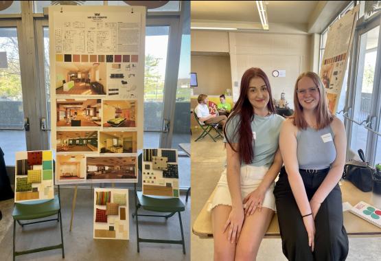  two students sitting together, with design poster on the left. 