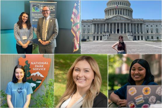  Students from the Voinovich School are shown at their summer internships in this photo collage 