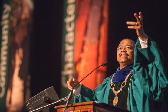  Roderick McDavis is shown speaking at the First Year Student Convocation event in 2013 