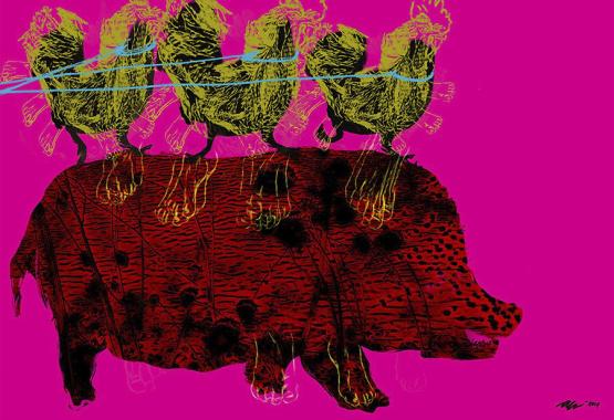  A painting of a pig with chickens on its back on a bright pink background by Ohio alumna Allyson McDuffie 