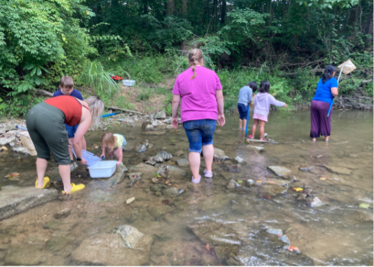  Students and teachers work  in a stream during a community STEM Day activity 