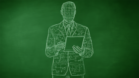  Illustration of professor holding laptop in front of classroom 