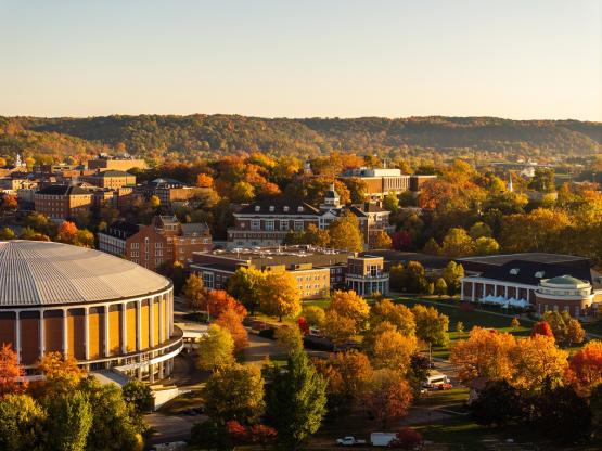  An aerial image of Ohio University and Athens, Ohio  in the Fall 