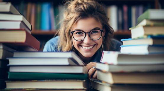 An image of a student smiling while surrounded by books