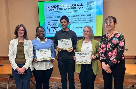 The winners of the 2023 Global Research Challenge are shown with Gillian Ice from the Office of Global Affairs