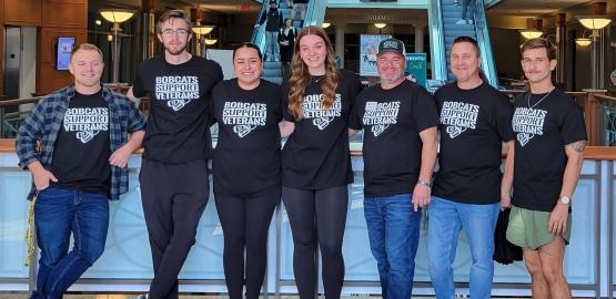  OHIO students and staff wear shirts that say &amp;quot;Bobcats Support Veterans&amp;quot; in the Baker University Center 